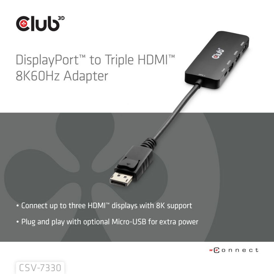 Club 3D displayport naar triple hdmi 8k60hz hub (zwart)
