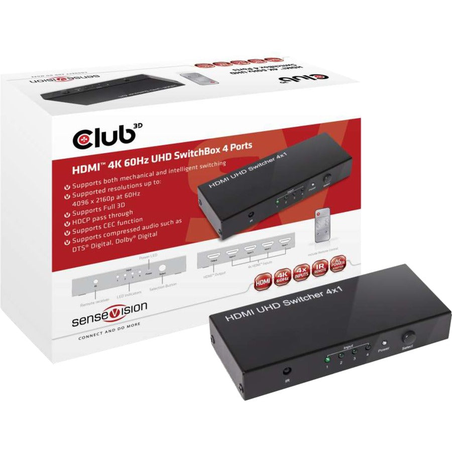 Club 3D hdmi 2.0 uhd switchbox 4 ports adapter (zwart, csv-1370)