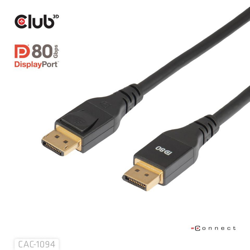 Club 3D displayport 2.1 vesa dp80 gecertificeerde kabel male-male (zwart, 2 meter, 8k 240hz, 10k 60hz, 80gbps)