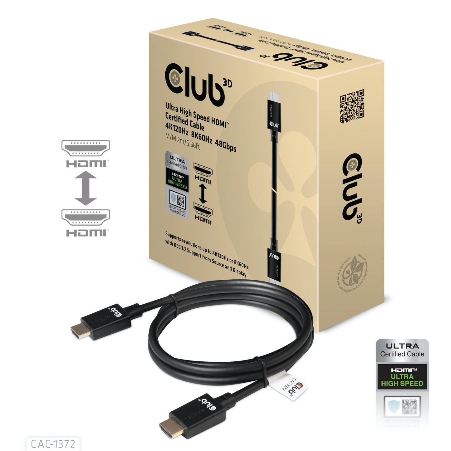 Club 3D ultra high speed hdmi 2.1 gecertificeerde kabel male-male (zwart, 2 meter, 4k 120hz, 8k 60hz, 48gbps)