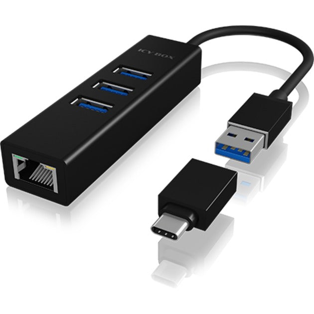 ICY BOX ib-hub1419-lan usb-hub (zwart, 3x usb-a 3.2 (5 gbit s), 1x lan)