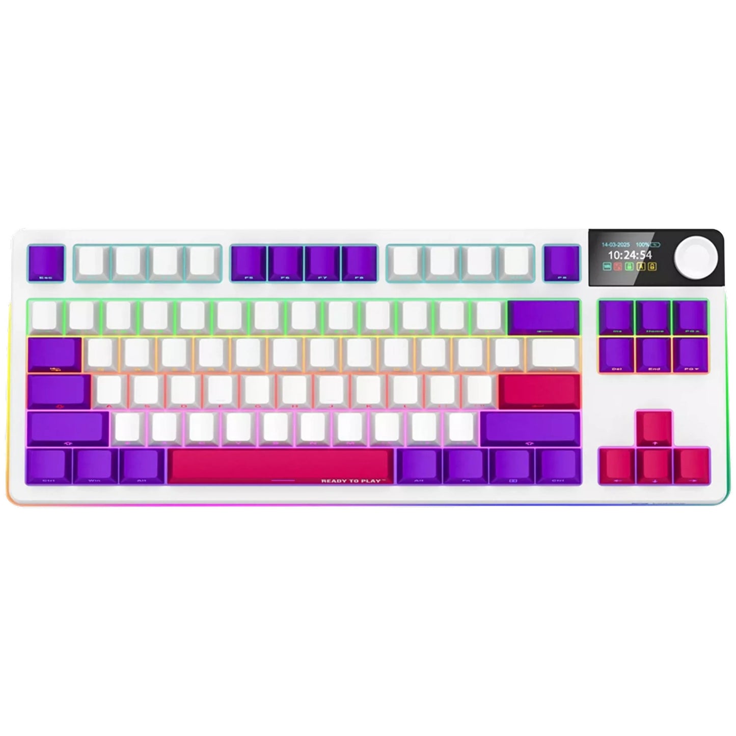 LORGAR kbp70tklw rgb mechanisch gaming toetsenbord (wit, us lay-out (qwerty), logar toxic purple, 80% (tkl), rgb, hot-swappable, pbt double-shot, bluetooth | 2.4ghz | usb)