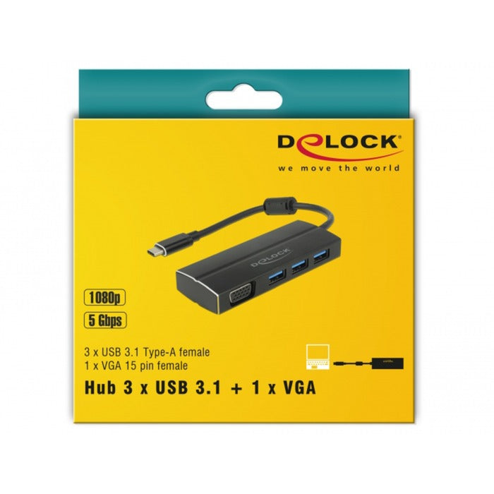 DeLOCK usb-c 3.1 > 3x usb-a 3.0 + 1x vga usb-hub (zwart, 0,15 meter)