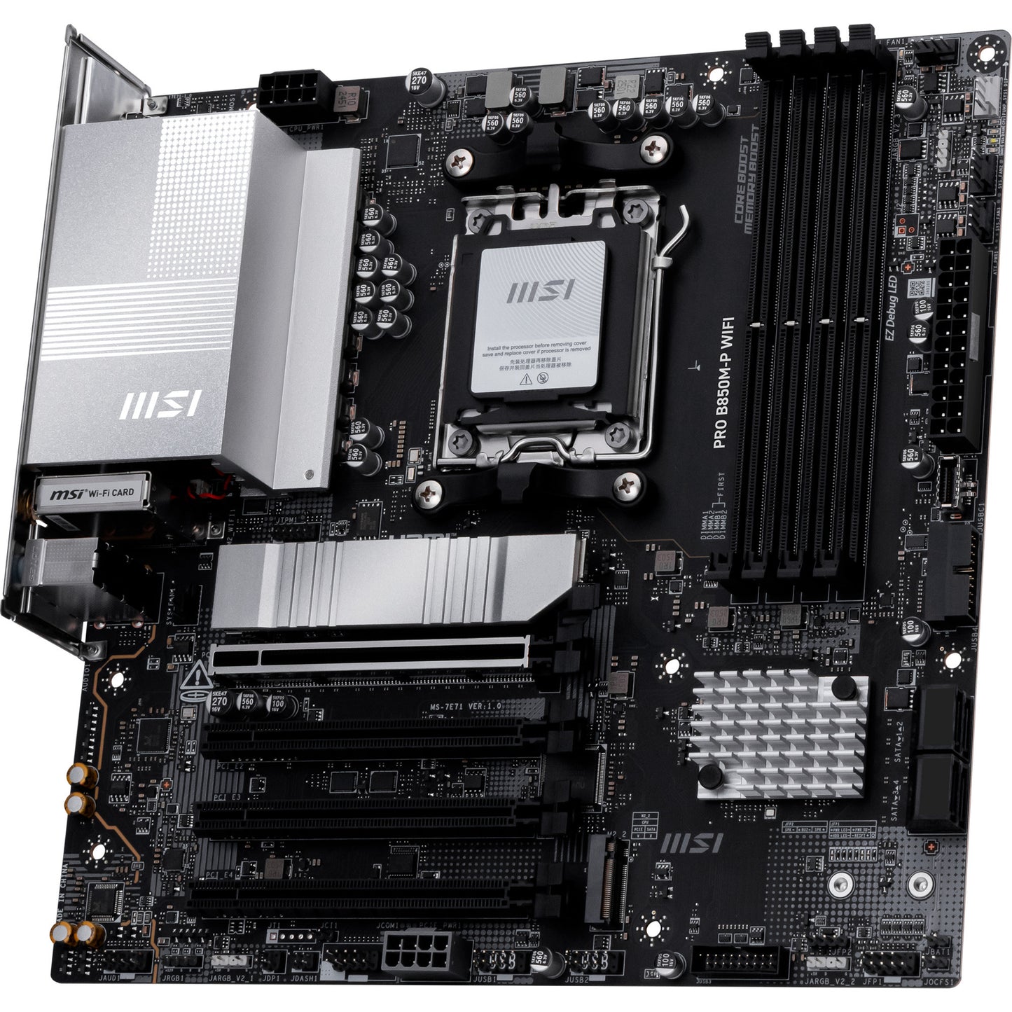 MSI pro b850m-p wifi socket am5 moederbord (zwart zilver, raid, 5gb-lan, wi-fi 7, bt, sound, µatx)