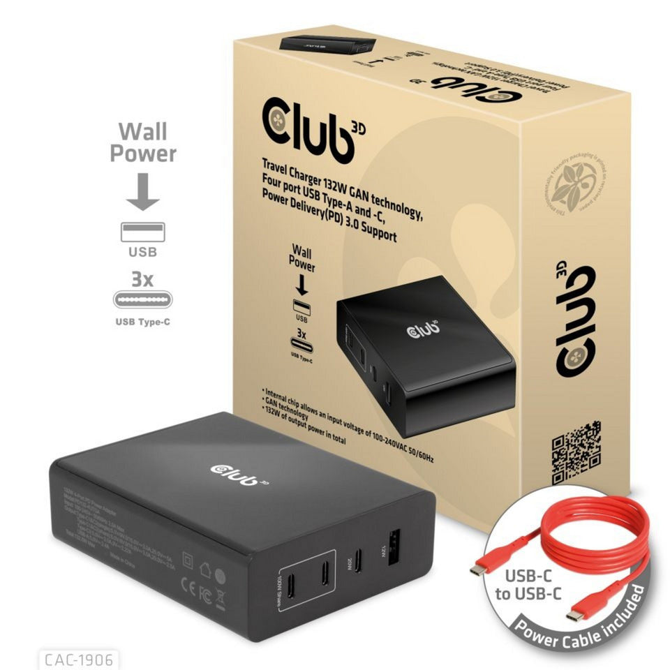 Club 3D travel charger 132w gan technology (zwart, usb-a, usb-c, power delivery (pd) 3.0)
