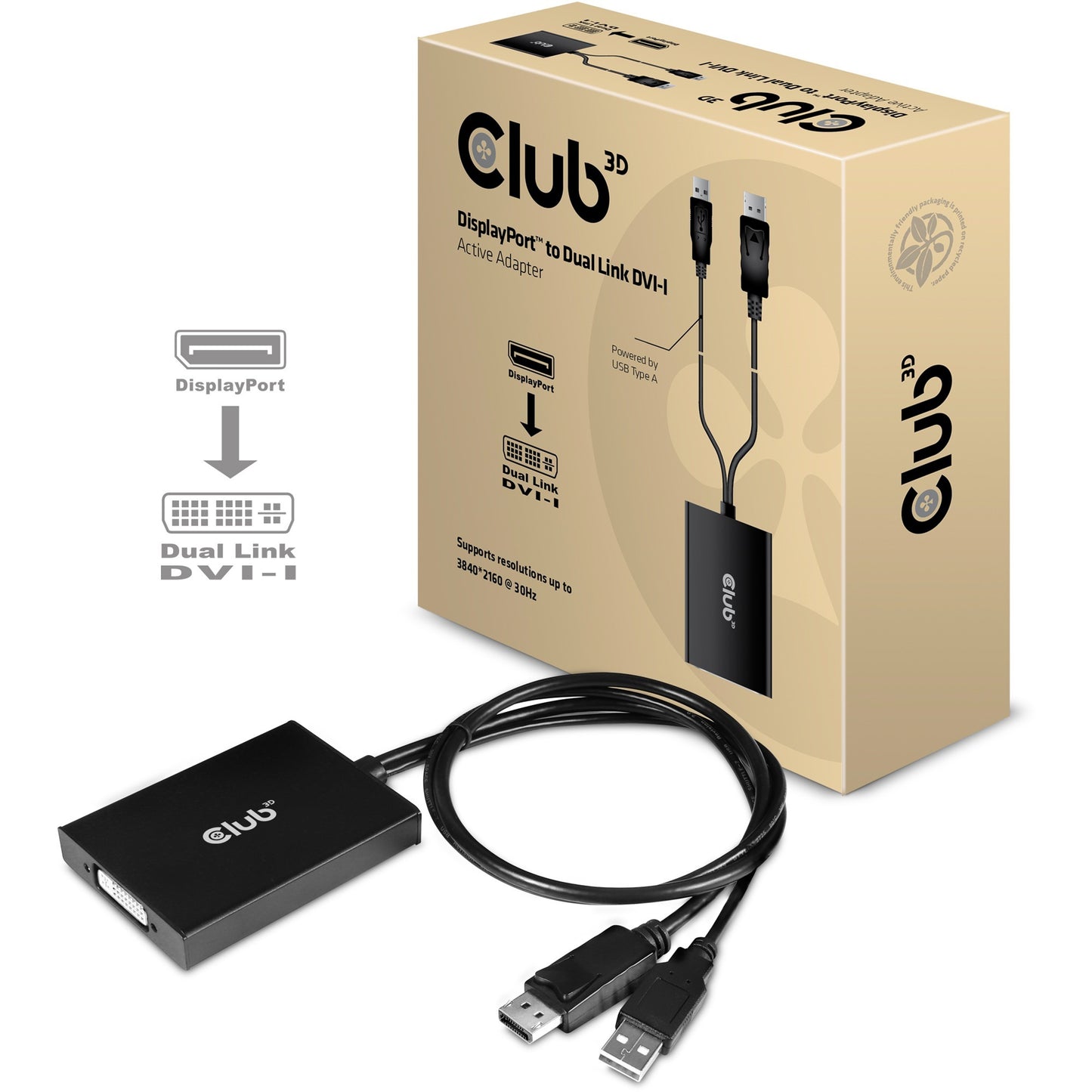 Club 3D displayport to dual link dvi-i active adapter (zwart, displayport to dual link dvi-i active adapter)