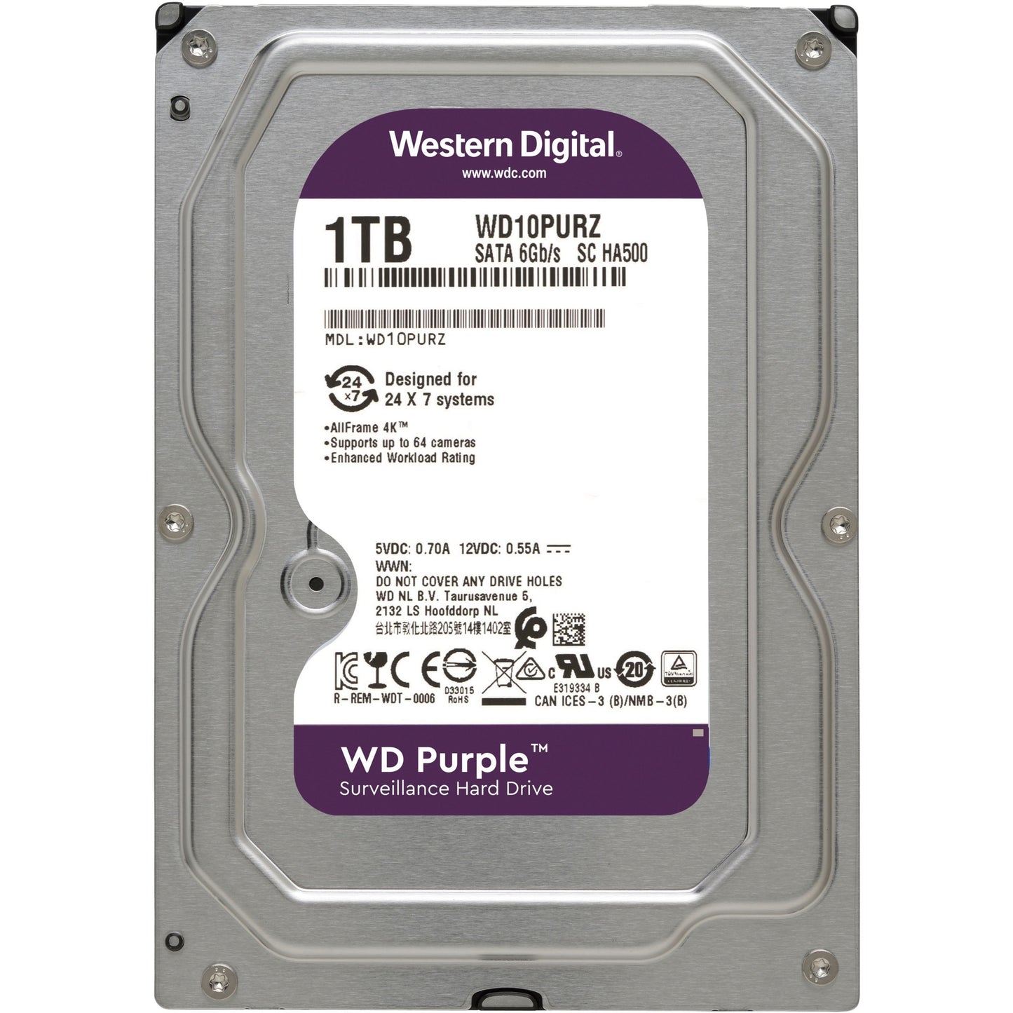 WD purple, 1 tb harde schijf (sata 600, 10purz, bulk)