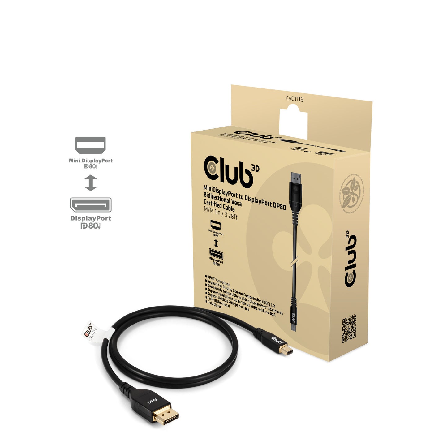 Club 3D minidisplayport naar displayport dp80 bidirectioneel adapter (zwart, 1 meter, vesa-gecertificeerd)