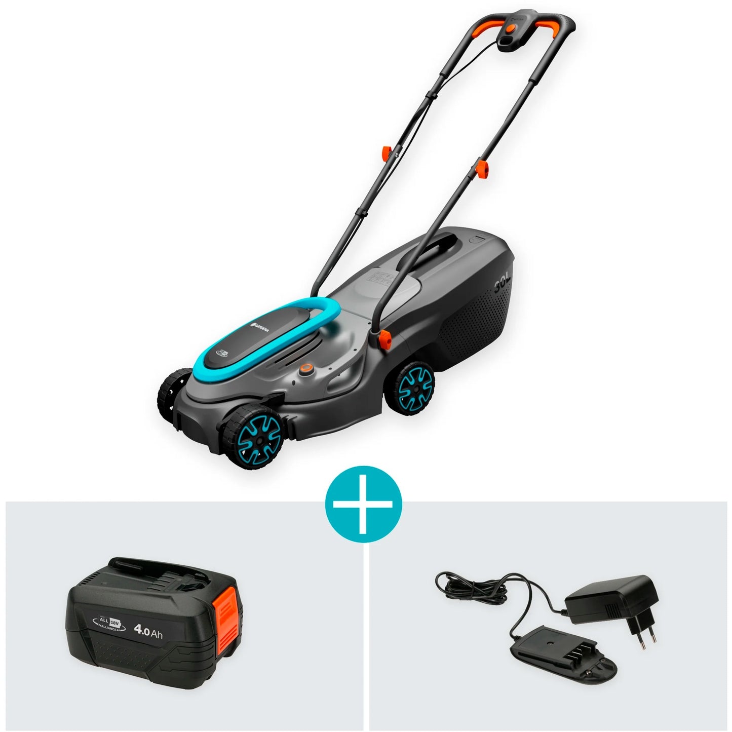 GARDENA accugrasmaaier powermax 32 18v p4a set (zwart grijs, incl. li-ion accu 4,0ah, power for all alliance)