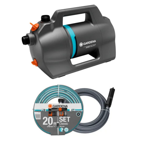 GARDENA besproeiingspomp 5000 silent set met slang en aanzuigunit (donkergrijs turquoise, 9081-20 | pomp | 20 m slang | 3,5 m aanzuigunit)