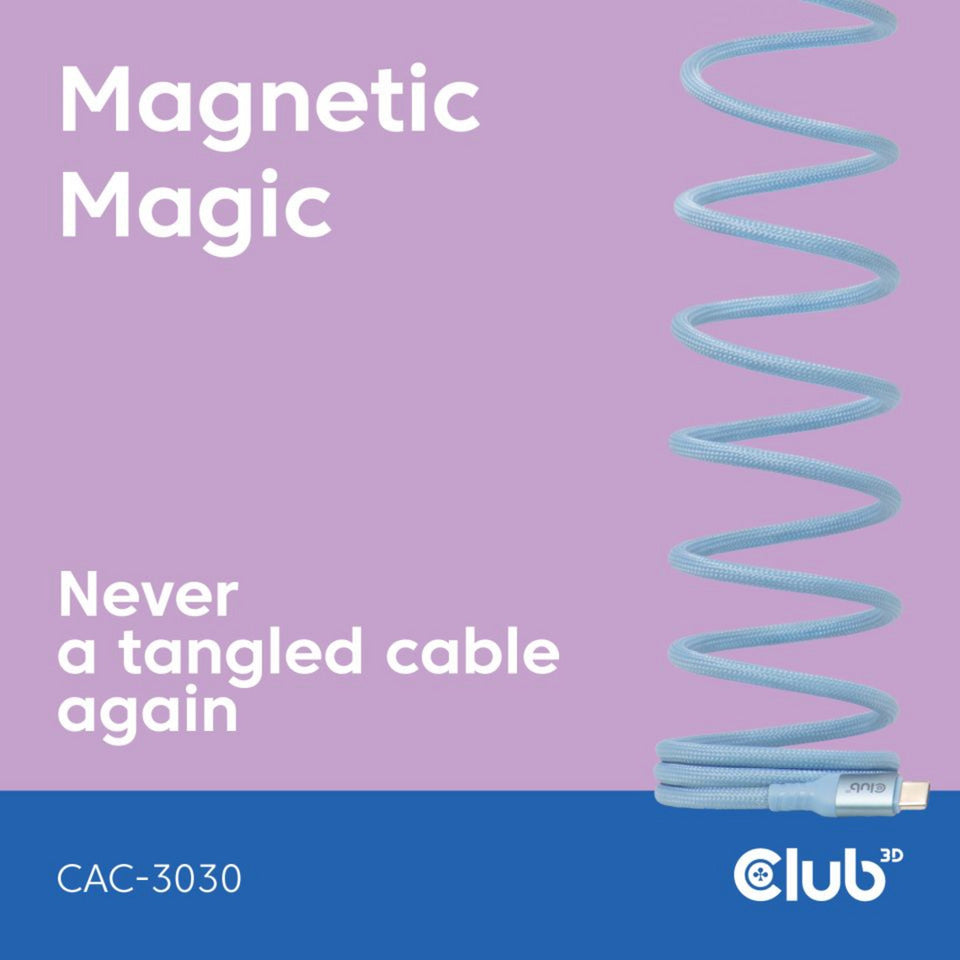 Club 3D usb-c magnetic-coil 240w pd3.1 blue cable, 2 meter kabel (blauw)