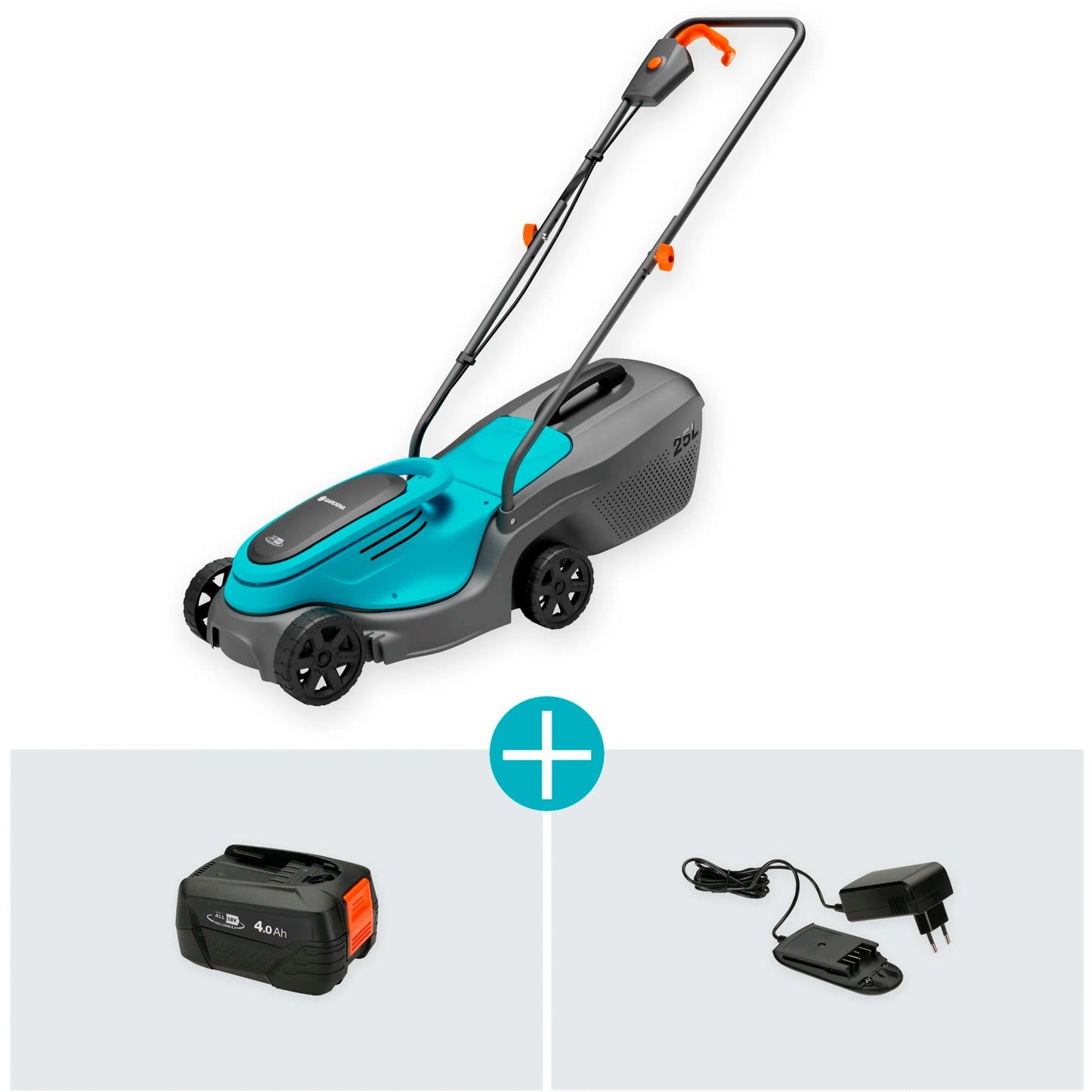 GARDENA accugrasmaaier powermax 30 18v p4a set (zwart turquoise, incl. li-ion accu 4,0ah, power for all alliance)