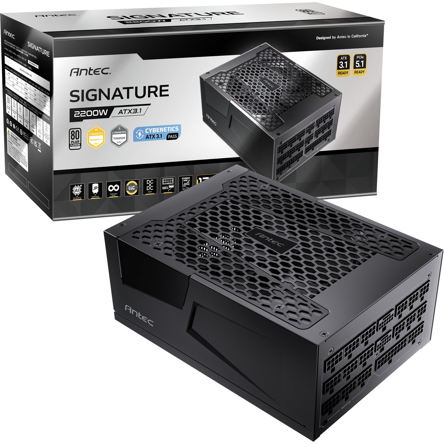 Antec signature 2200 platinum atx3.1 modulaire 2200 watt voeding (zwart, 2x 12v-2x6, 6x pcie)