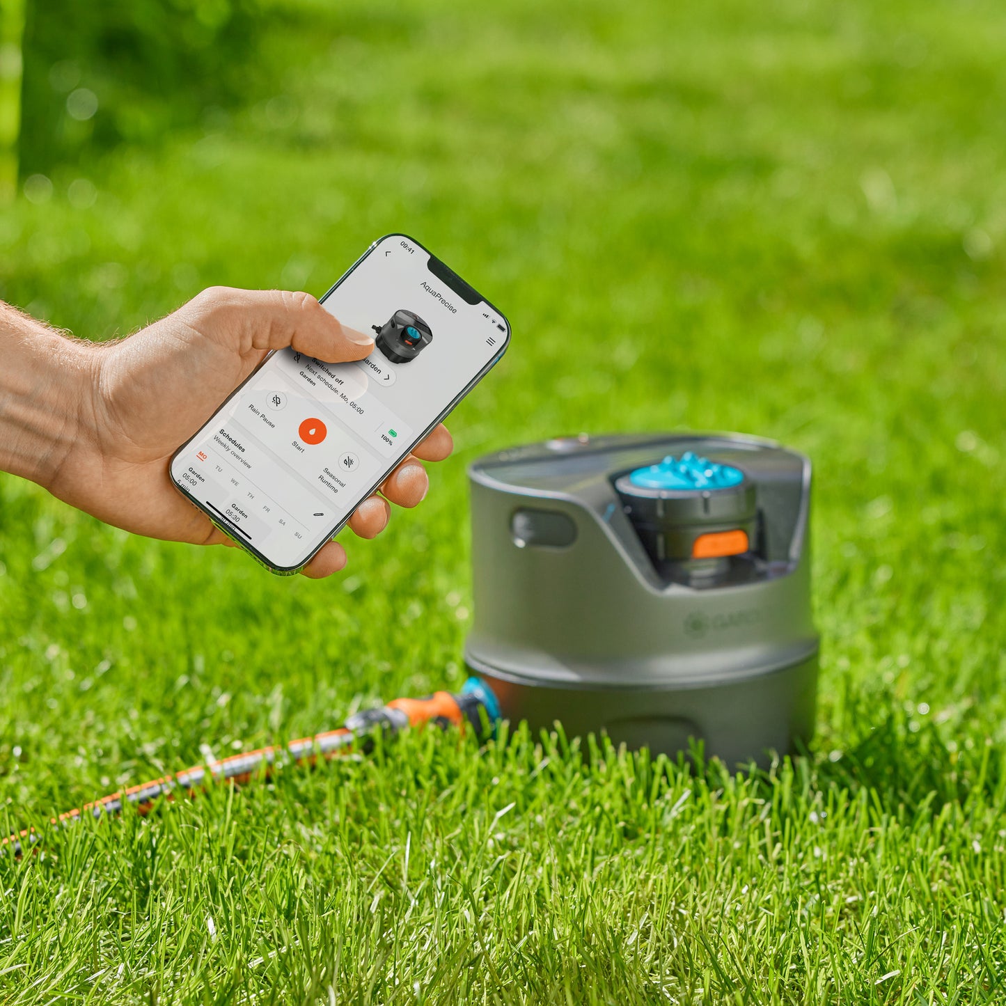 GARDENA irrigatiesysteem aquaprecise op zonne-energie voor gazon sprinklersysteem (grijs turquoise, sproeioppervlak 320 m²)
