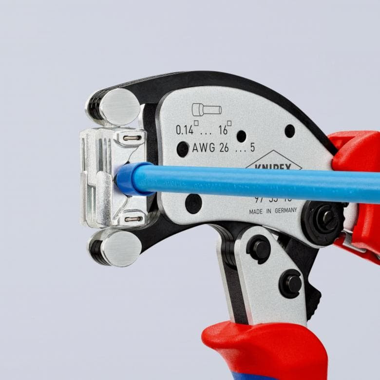 KNIPEX twistor 16 zelfinstellende krimptang voor adereindhulzen (rood blauw, met draaibare krimpkop)