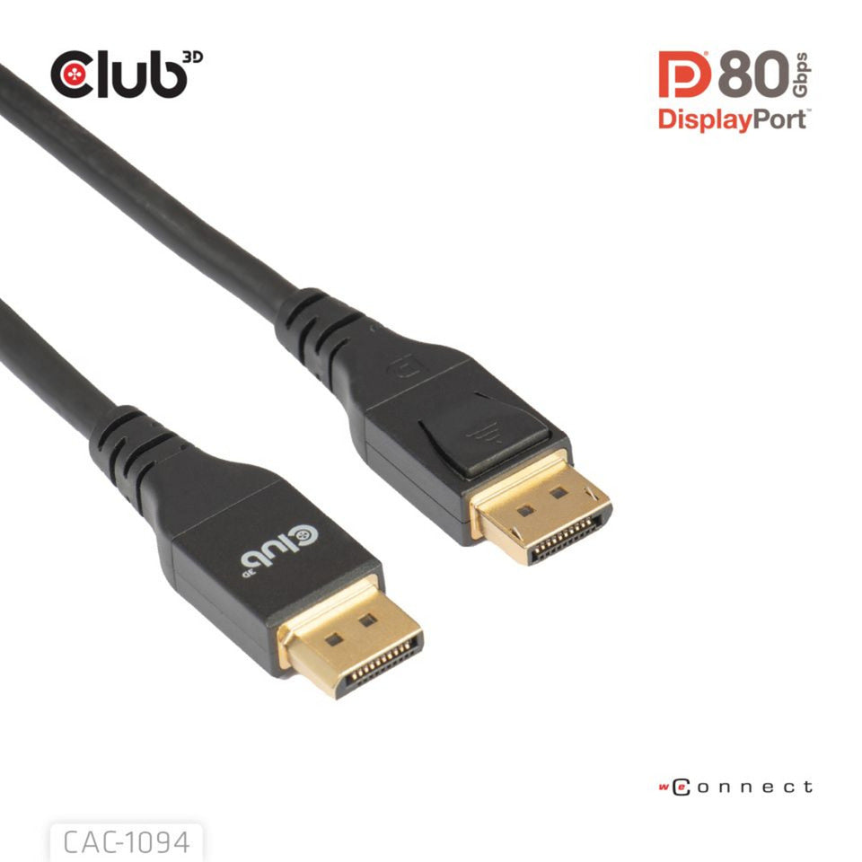 Club 3D displayport 2.1 vesa dp80 gecertificeerde kabel male-male (zwart, 2 meter, 8k 240hz, 10k 60hz, 80gbps)