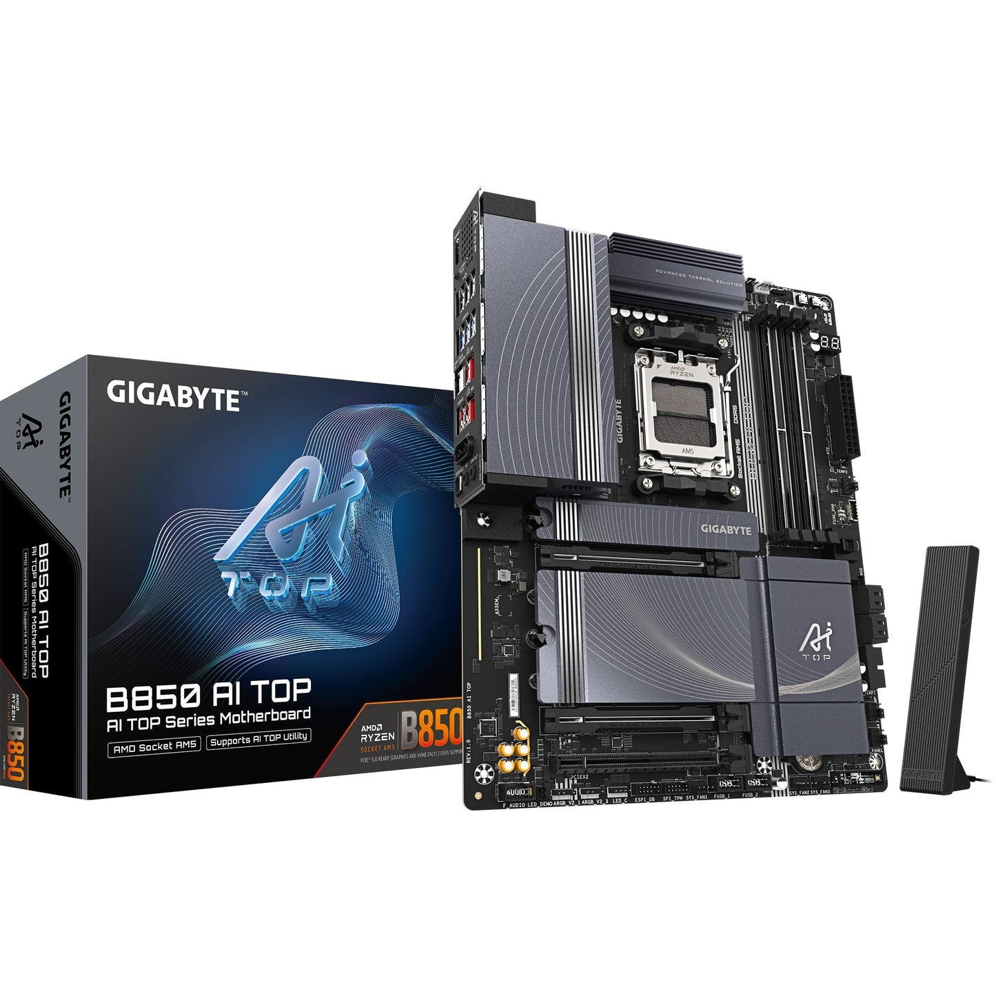 GIGABYTE b850 ai top socket am5 moederbord (zwart grijs, raid, 2x 10 gb-lan, wi-fi 7, bt, sound, atx)