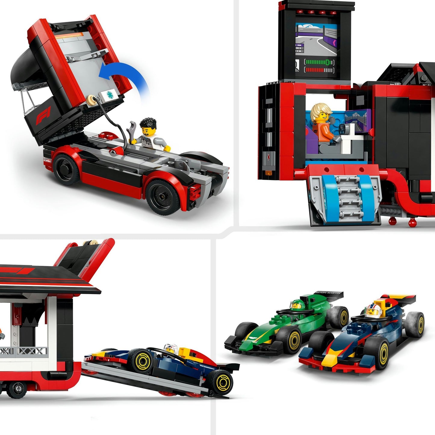 LEGO city 60445 f1 truck met rb20 en amr24 f1 auto's