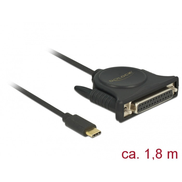 DeLOCK usb-c 2.0 male > 1 x parallel db25 female kabel (zwart, 1,8 meter )