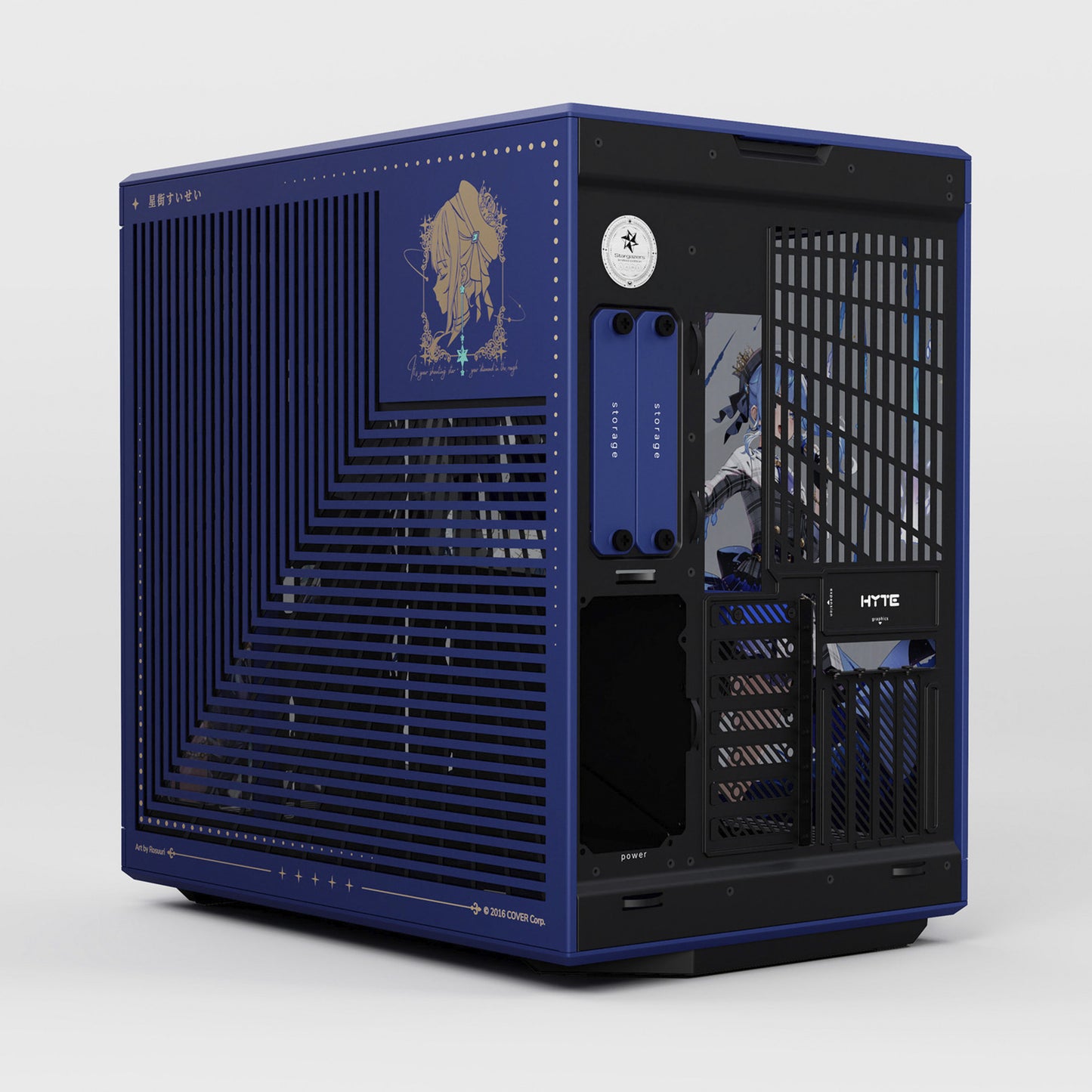 HYTE hoshimachi suisei y70 midi tower behuizing (blauw | 2x usb-a | 1x usb-c | tempered glass)