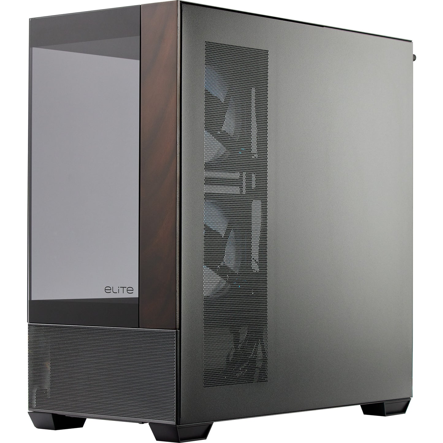 Cooler Master elite 690 wood midi tower behuizing (zwart houtkleur | 2x usb-a | 1x usb-c | rgb | tempered glass)