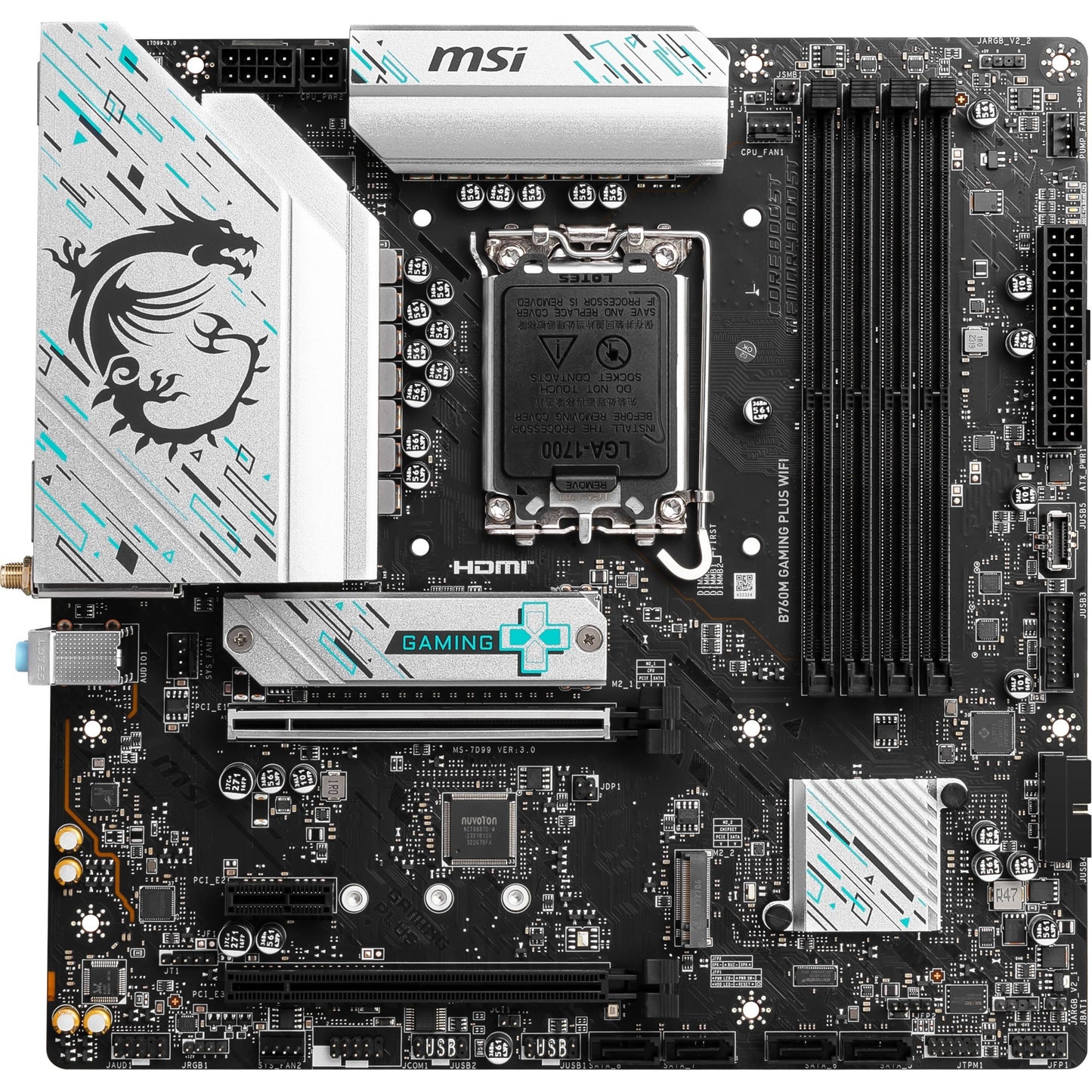 MSI b760m gaming plus wifi socket 1700 moederbord (zwart zilver, raid, 2.5 gb-lan, wi-fi 6e, bt, sound, µatx)