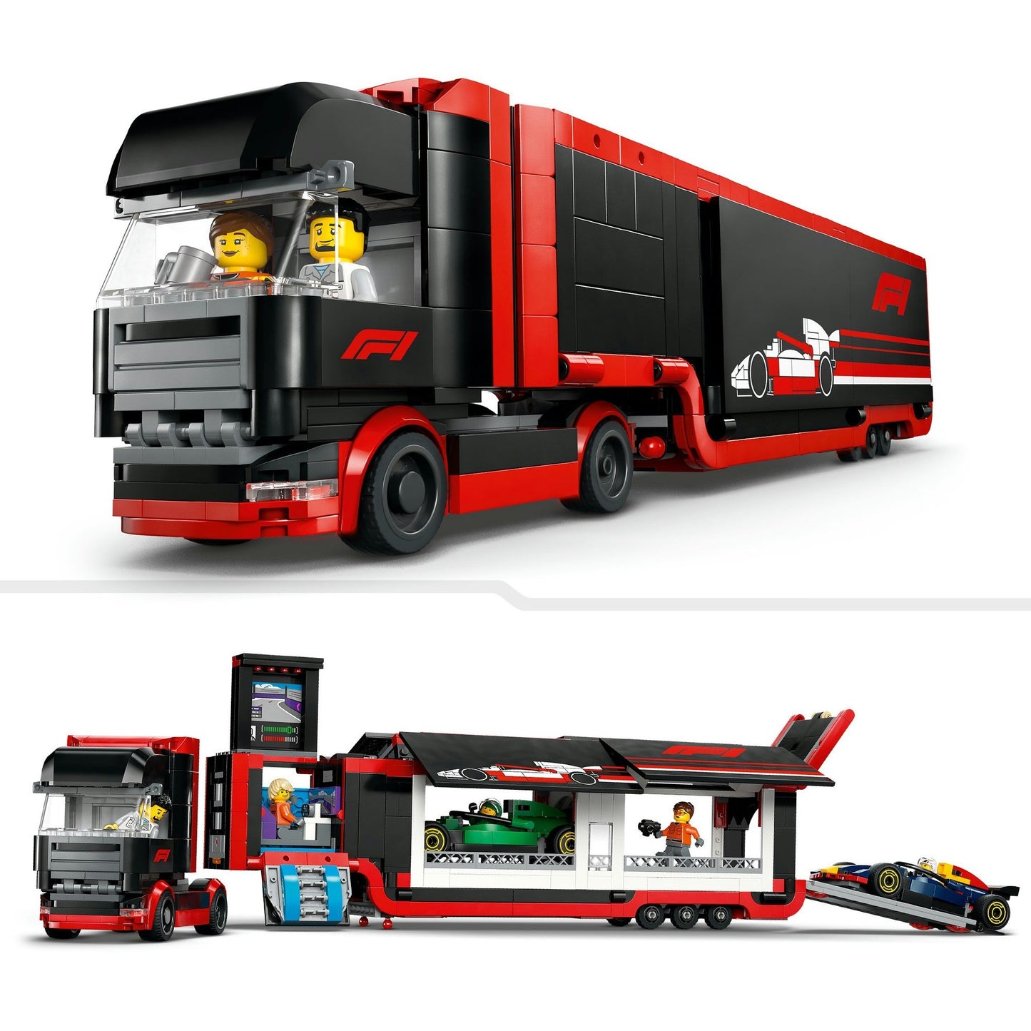 LEGO city 60445 f1 truck met rb20 en amr24 f1 auto's