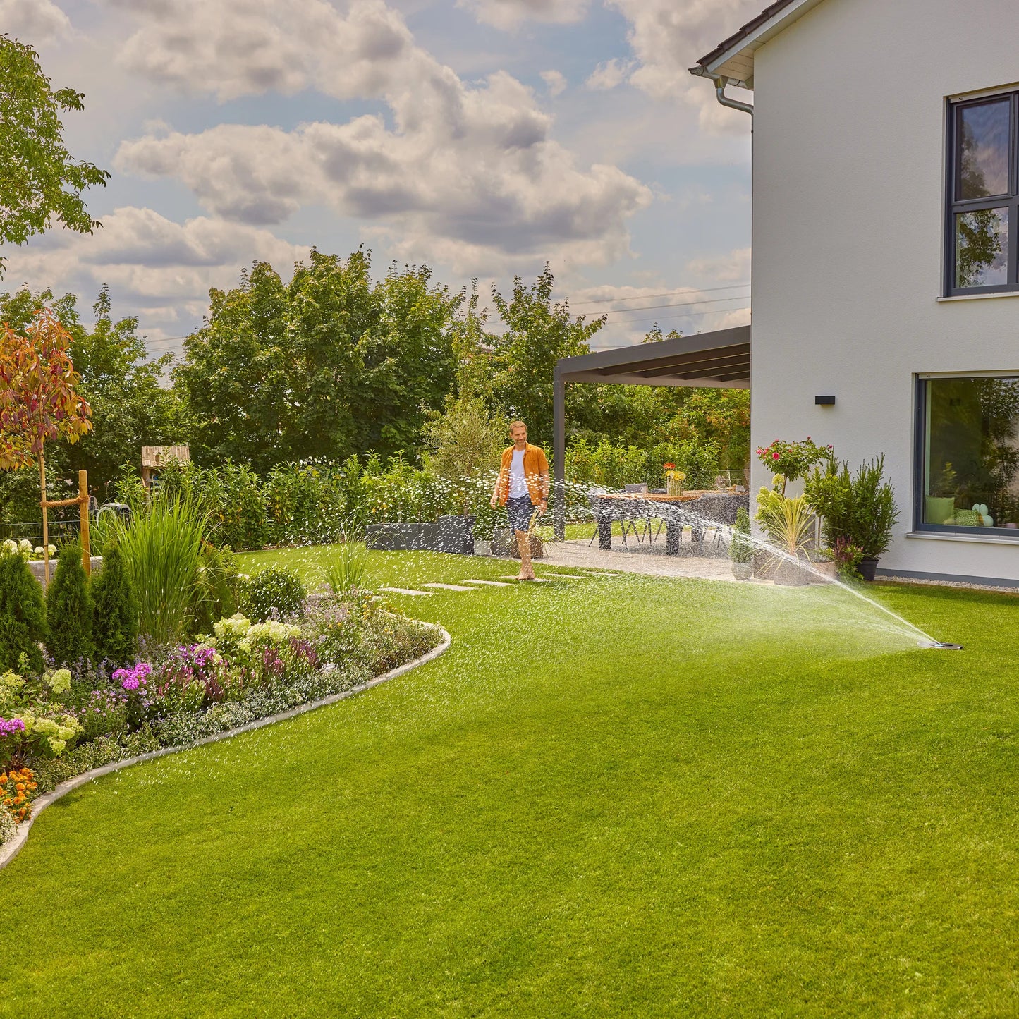 GARDENA complete set pipeline irrigatiesysteem aquaprecise op zonne-energie voor gazon sprinklersysteem (grijs turquoise)