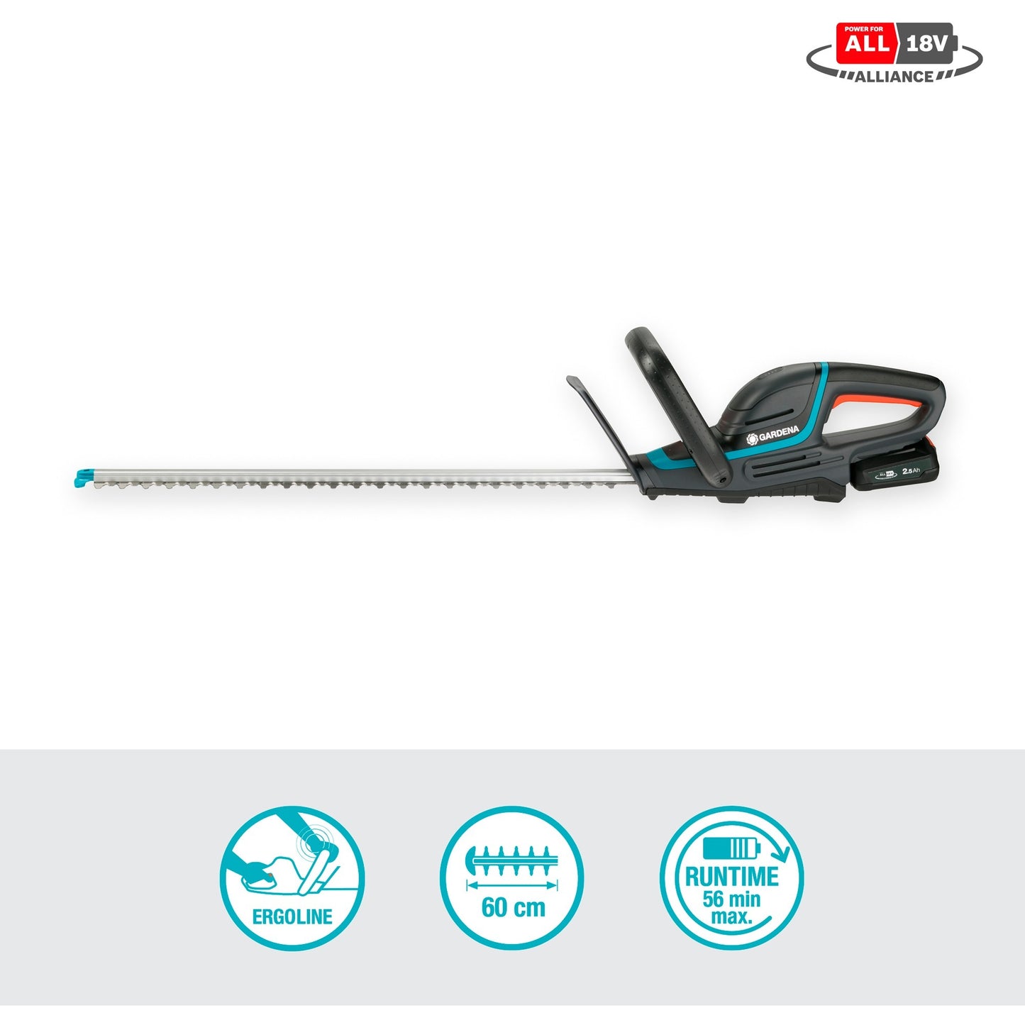 GARDENA accu heggenschaar comfortcut 60 18v p4a set (grijs turquoise, 14731-20, accu inbegrepen)