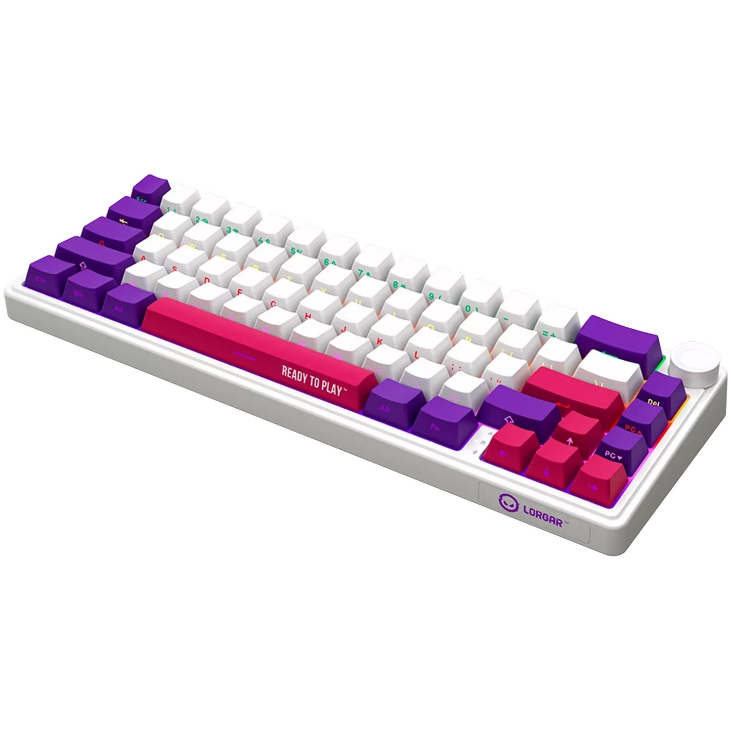 LORGAR kbp70mw rgb mechanisch gaming toetsenbord (wit, us lay-out (qwerty), logar toxic purple, 65%, rgb, hot-swappable, pbt double-shot, bluetooth | 2.4ghz | usb)