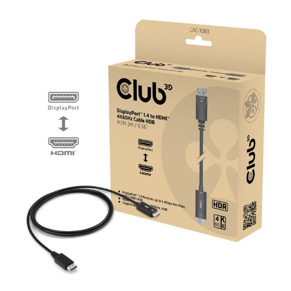 Club 3D displayport 1.4 to hdmi 4k60hz kabel adapter (zwart, hdr m m 2m)