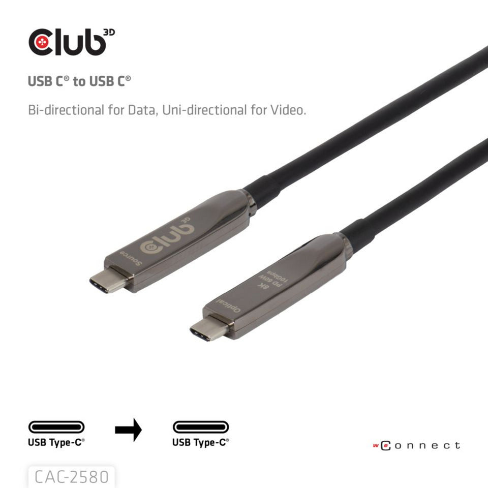 Club 3D full-feature usb-c kabel, 15m (zwart, 8k60hz 10gbps 60w)