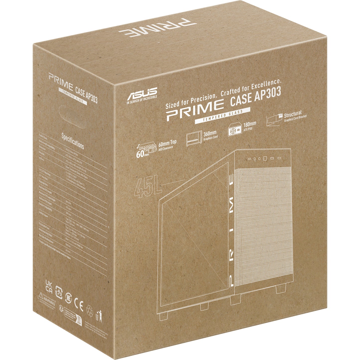 ASUS prime ap303 - tempered glass panel midi tower behuizing (zwart | 2x usb-a | 1x usb-c | tempered glass)