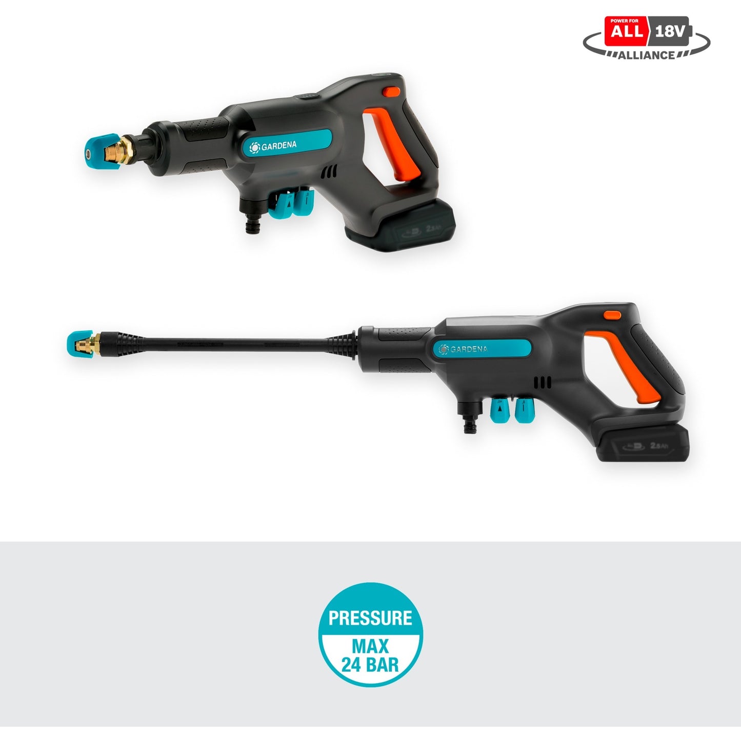 GARDENA aquaclean 24 18 v p4a kant-en-klare set drukreiniger (grijs turquoise, 14800-20, accu inbegrepen)