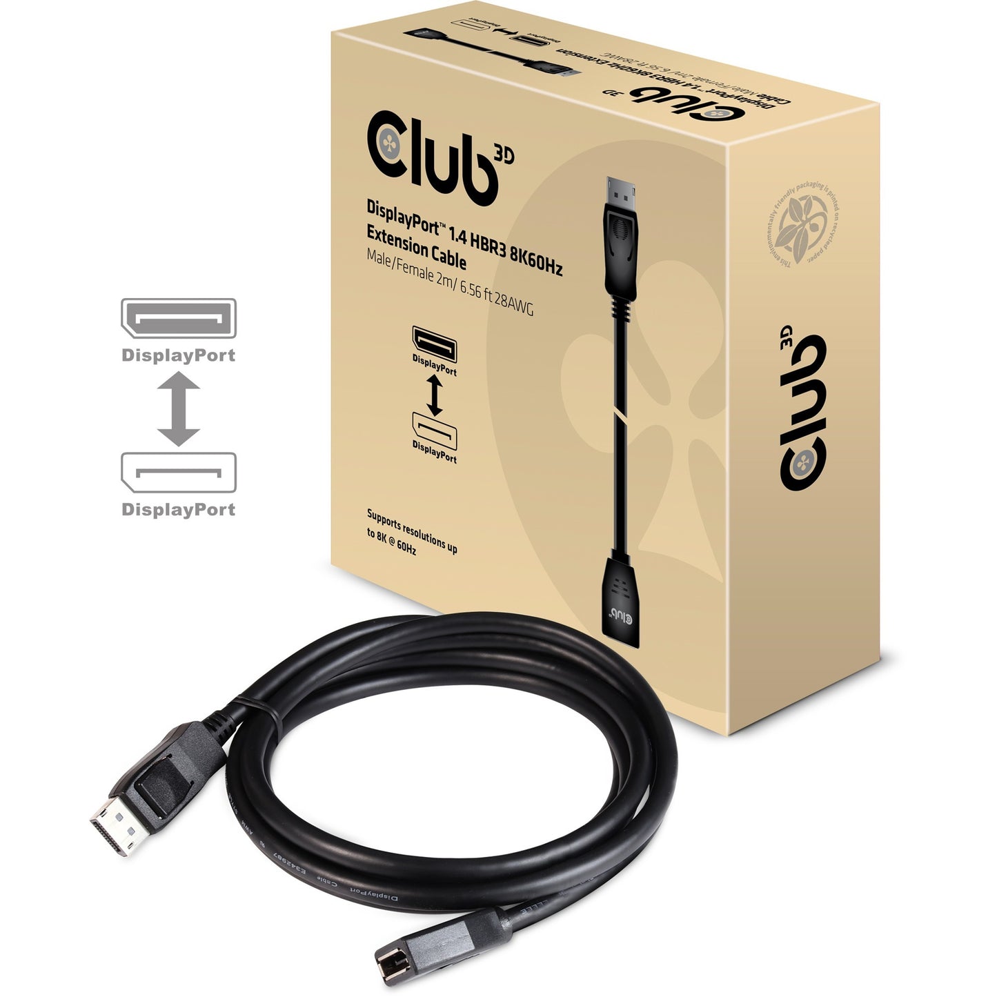 Club 3D displayport 1.4 hbr3 extension cable 8k60hz m f verlengkabel (zwart, 2 meter, cac-1022)