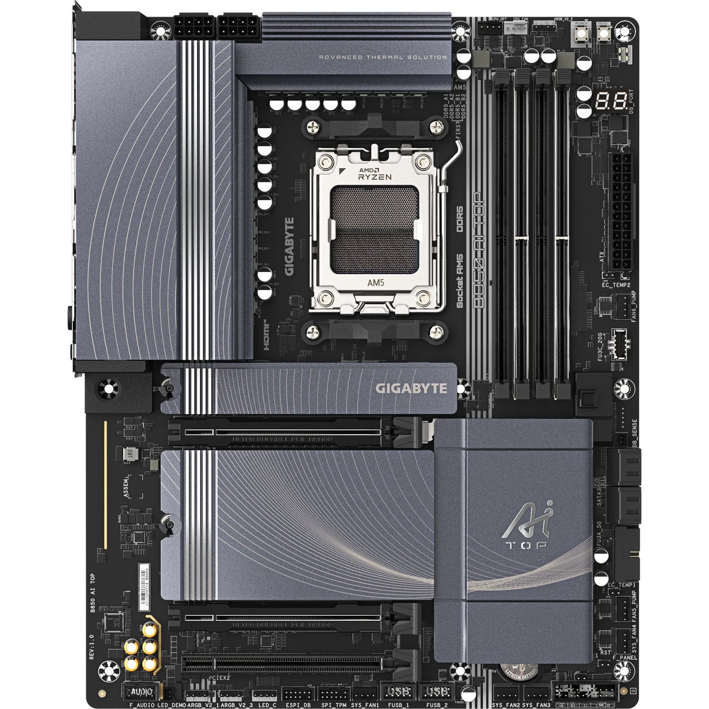GIGABYTE b850 ai top socket am5 moederbord (zwart grijs, raid, 2x 10 gb-lan, wi-fi 7, bt, sound, atx)