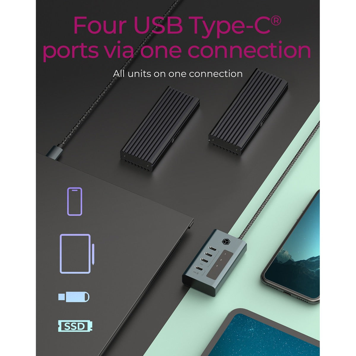 ICY BOX ib-hub1454-c31 usb-hub (grijs blauwgrijs, 4x usb-c 3.2 (10 gbit s))