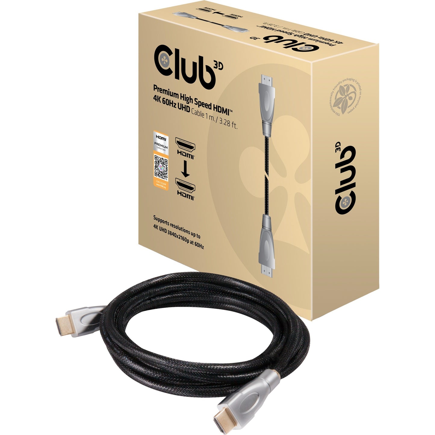 Club 3D premium high speed hdmi 2.0 kabel (zwart, 1 meter, 4k 60hz)