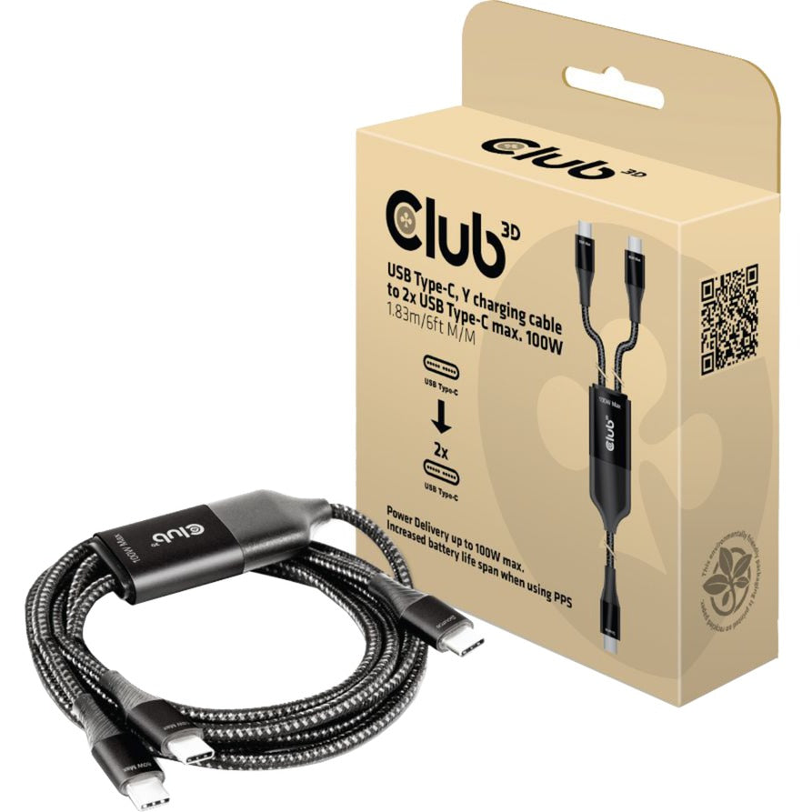 Club 3D usb type-c, y oplaadkabel naar 2x usb type-c splitterkabel (zwart, 1,83 meter, max. 100 w)