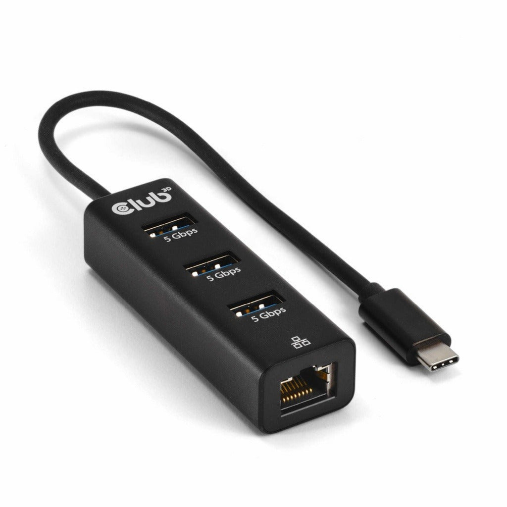 Club 3D usb-c 5 gbps naar 3 poorten usb type-a-hub met gigabit ethernet adapter (zwart)