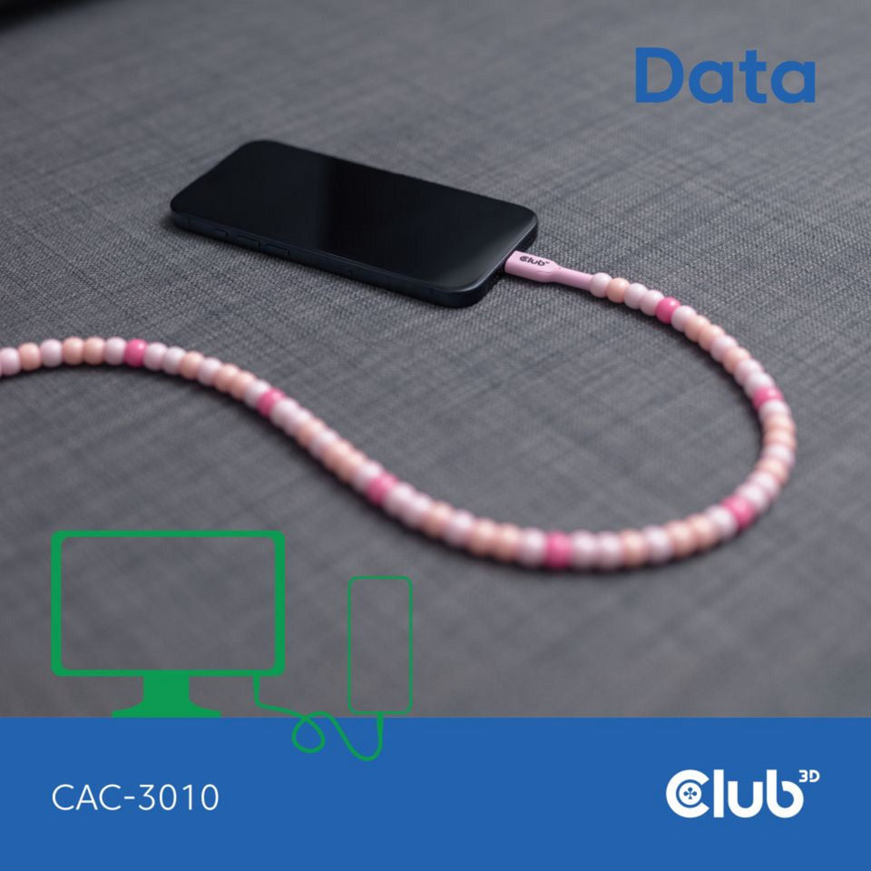 Club 3D usb-c beaded cable pink, 2 meter kabel (roze)