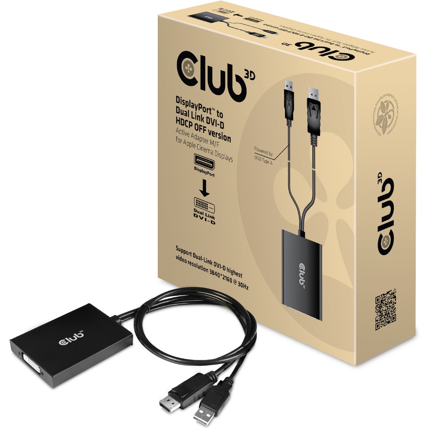 Club 3D displayport to dual link dvi-d hdcp off version active adapter for apple cinema displays (zwart)