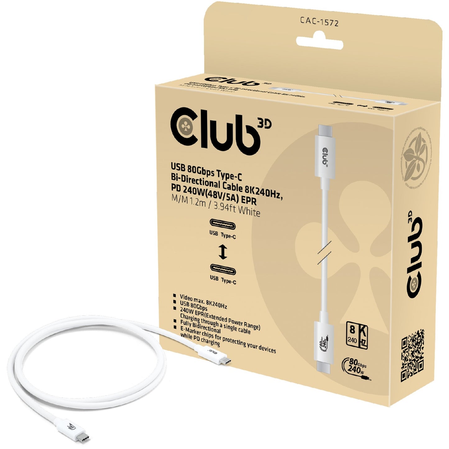 Club 3D usb-c 80gbps certified 240w 8k 240hz kabel (wit, 1.2m)