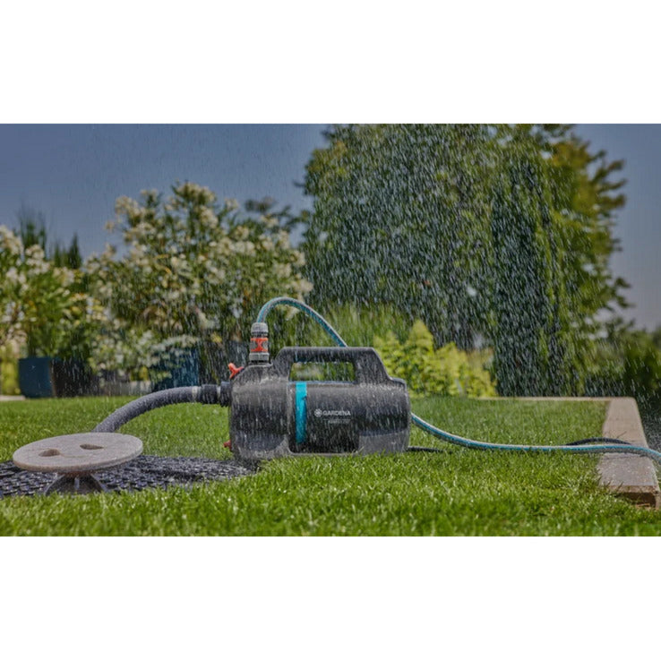 GARDENA besproeiingspomp 5200 silent set met slang en aanzuigunit (donkergrijs turquoise, 09085-20 | pomp | 20 m slang | 3,5 m aanzuigunit)