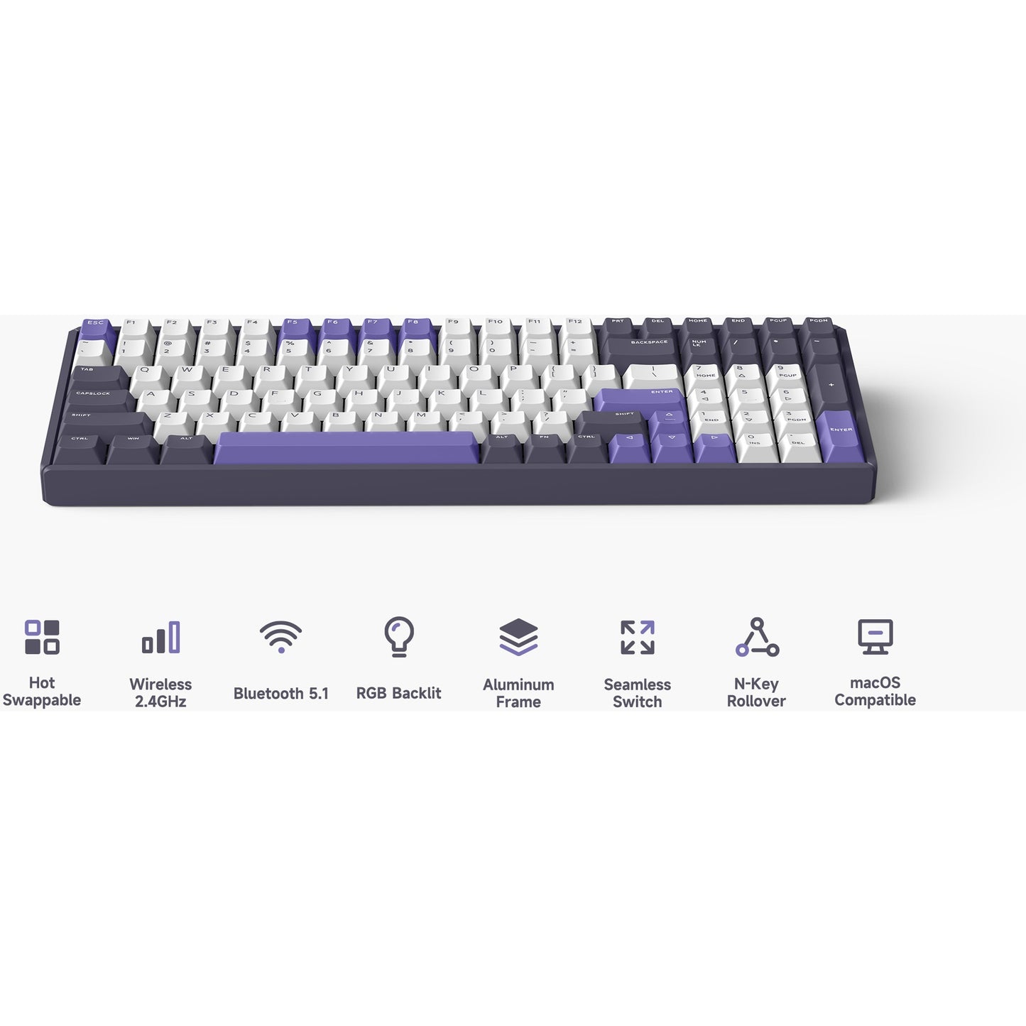 Iqunix F97 Lavandin Wireless Mechanical Keyboard (Lavendel, US lay-out (QWERTY), Cherry MX Silent Red, 96%, RGB leds, Hot-swappable, PBT, 2.4GHz | Bluetooth 5.1 | USB-C)