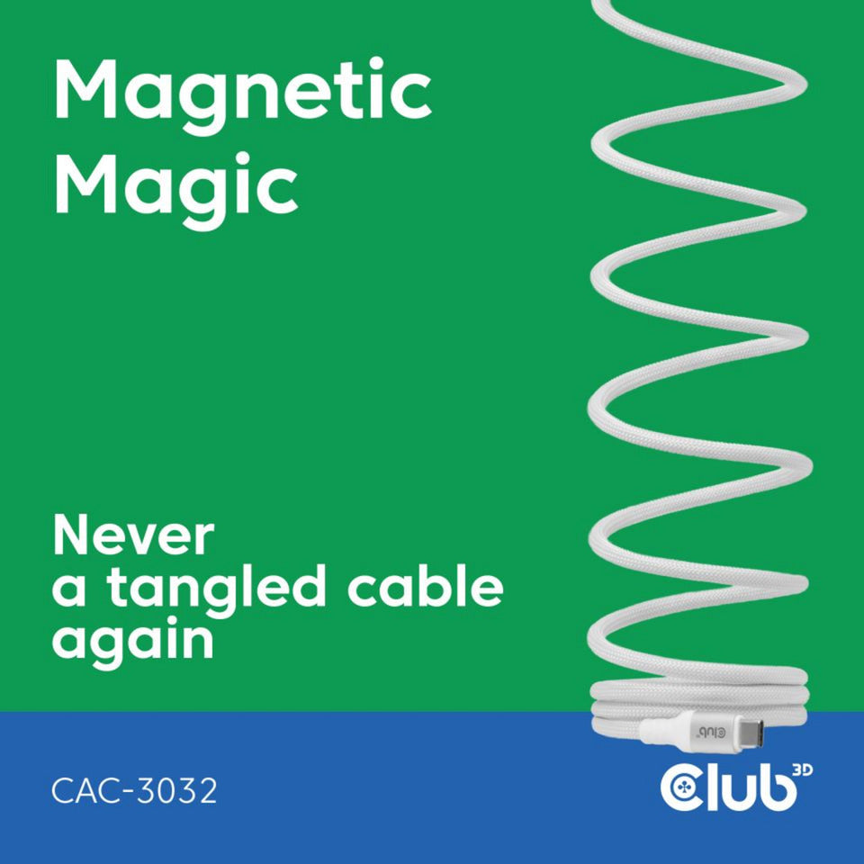 Club 3D usb-c magnetic-coil 240w pd3.1 white cable, 2 meter kabel (wit)