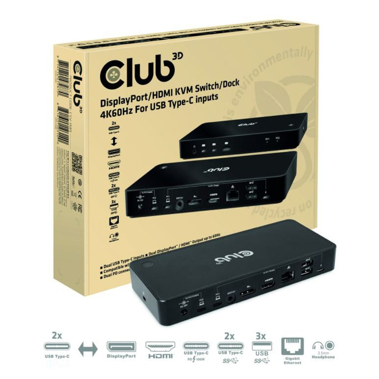 Club 3D displayport hdmi dock 4k60hz dockingstation (zwart, met kvm-functionaliteit)