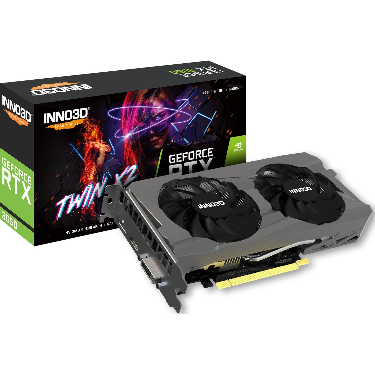 INNO3D geforce rtx 3050 twin x2 8gb grafische kaart (1x hdmi, 1x displayport, 1x dvi-d, dlss 3)