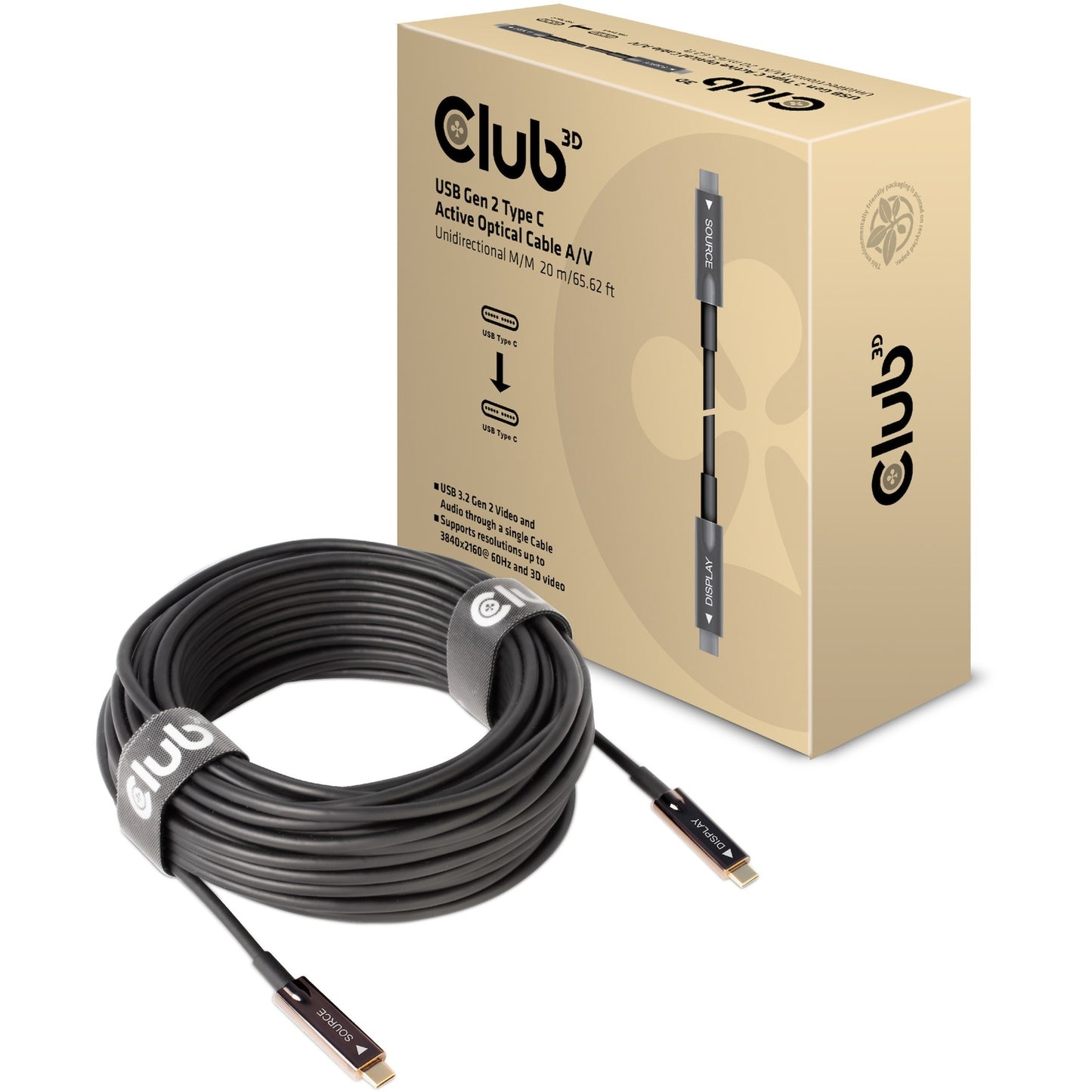 Club 3D usb-c gen 2 active optical a v unidirectional m m kabel (zwart, 20 meter)