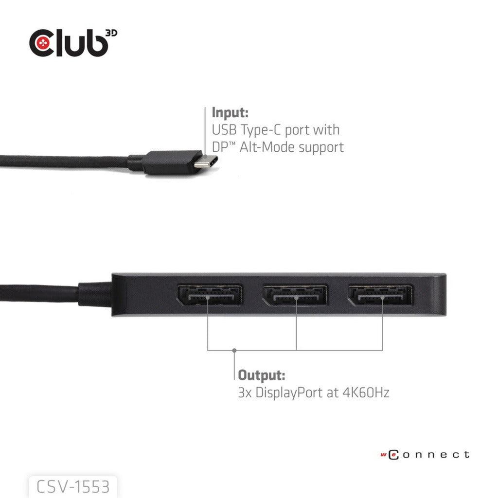 Club 3D usb-c naar triple displayport mst hub (zwart, 4k60hz)